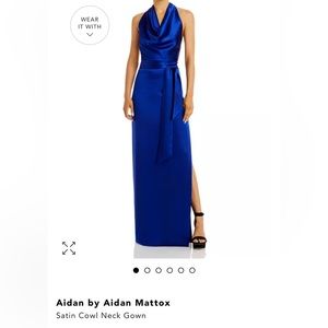 Blue Satin Cowl Neck Gown from Aidan by Aidan Mattox